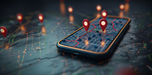 Illustration of a smartphone with the GPS map on the screen, featuring pins marking the route in a virtual or 3D style. Technology, GPS location, and navigation.