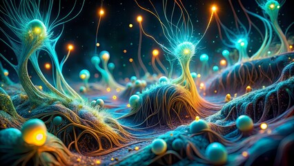 Microscopic mechanical fibers entwined with eerie bioluminescent tendrils in alien terrain
