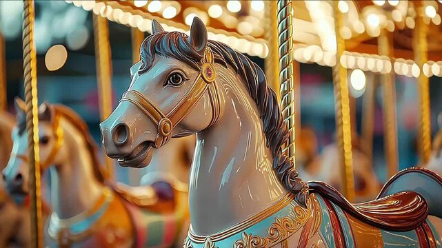 A traditional carousel at a fair or amusement park pastel colors