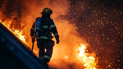 Naklejka premium firefighter in full gear battling intense flames from a burning building at night, copy space
