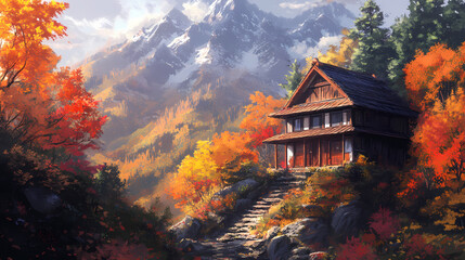Warm Colors Cozy Autumn House in Forest  LOFI Ambient Design