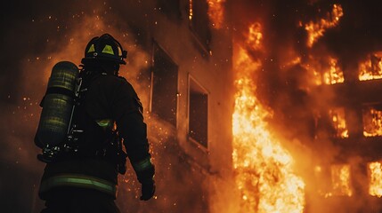 firefighter in full gear spraying water on a burning building at night, copy space