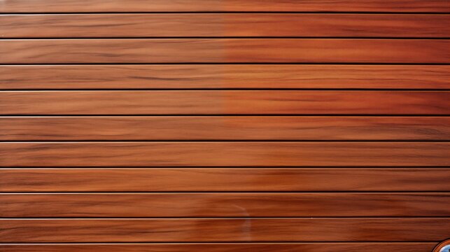 Yacht deck texture. A close-up view of a wooden wall with horizontal planks, showcasing rich brown tones and natural wood grain patterns.