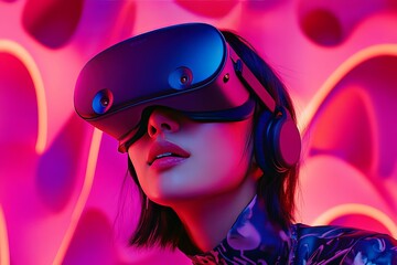 Stylish woman in a VR headset bathed in neon pink and purple lights exploring a vivid digital environment that blends fashion art and technology in a dynamic immersive experience