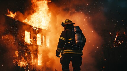 firefighter in full gear spraying water on a burning building at night, copy space