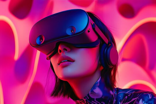 Stylish woman in a VR headset bathed in neon pink and purple lights exploring a vivid digital environment that blends fashion art and technology in a dynamic immersive experience
