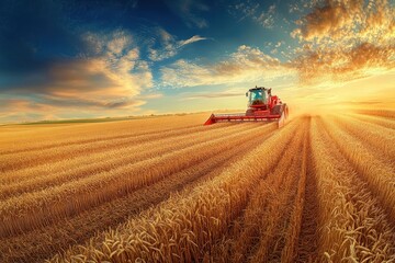Fototapeta premium Rural harvest scene showing a harvester working in the wheat field with red and white machinery colors