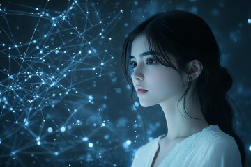 Young woman in a dark VR environment with glowing blue digital connections exploring the intricate networks and possibilities of virtual reality in a futuristic immersive experience