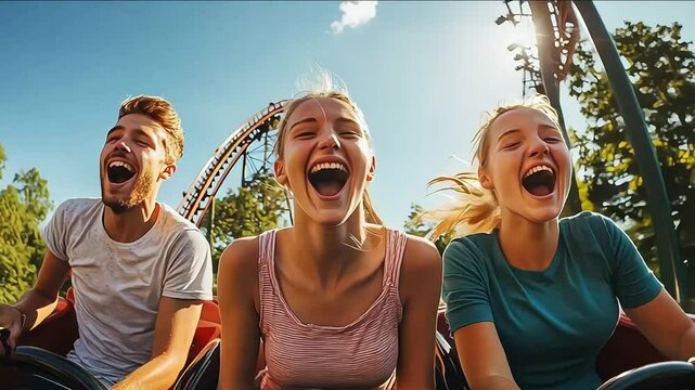 friends enjoying the thrill of a rollercoaster ride at an amusement park