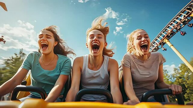 friends enjoying the thrill of a rollercoaster ride at an amusement park