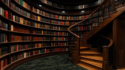 Fototapeta premium A grand library with towering bookshelves and a spiral staircase