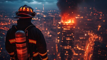 firefighter in full gear spraying water on a burning building at night, copy space