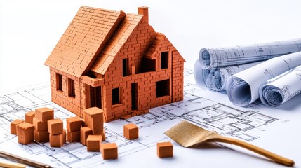 House Model with Blueprints and Tools for Construction
