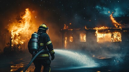 firefighter in full gear spraying water on a burning building at night, copy space