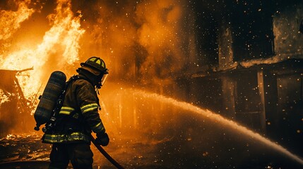 firefighter in full gear spraying water on a burning building at night, copy space