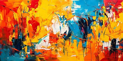 A painting of a forest with a blue sky in the background