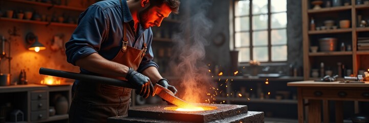 Obraz premium A skilled blacksmith passionately working on a glowing forge, capturing the essence of craftsmanship and artistry in metalwork.