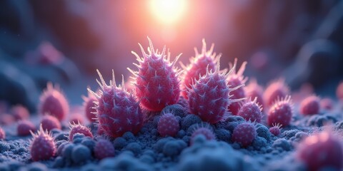 Obraz premium A stunning close-up of vibrant, spiky cacti illuminated by a warm glow, evoking a sense of wonder and beauty in nature.