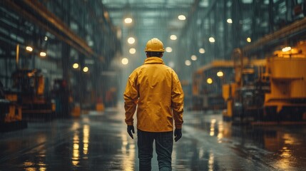 Worker Walking Through Factory in Rain
