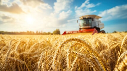 Fototapeta premium Golden Wheat Field with Harvest Machine