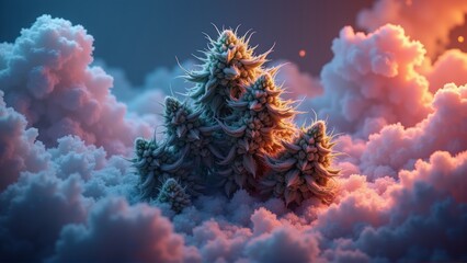Ethereal cannabis plants emerge from vibrant, colorful clouds, creating a dreamlike atmosphere perfect for wellness, modern art, or creative projects.