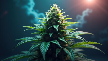A vibrant close-up of a marijuana plant, showcasing detailed foliage and buds under dramatic lighting, perfect for cannabis industry visuals.