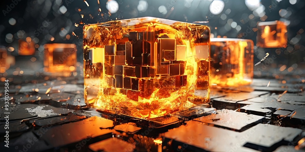 Poster a close up of a cube with fire coming out of it