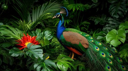 Obraz premium A majestic peacock displaying its vibrant feathers in a lush garden