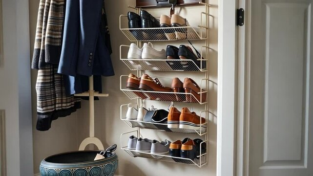 Welcoming video of a well-organized entryway featuring a stylish coat rack, a shoe organizer with neatly lined-up shoes, and a decorative bowl for keys and small items