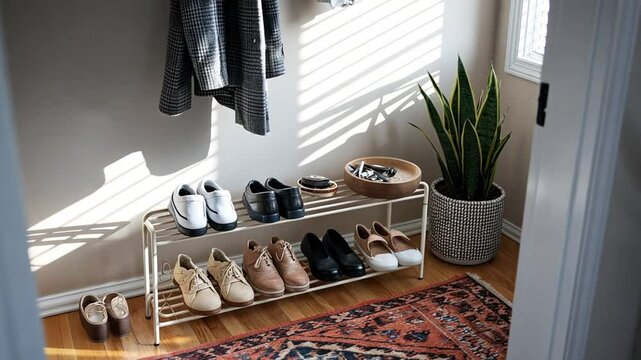 Welcoming video of a well-organized entryway featuring a stylish coat rack, a shoe organizer with neatly lined-up shoes, and a decorative bowl for keys and small items