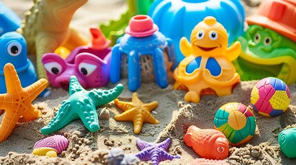 Obraz premium Multi colored set children toys for summer games in sandbox or on sandy beach