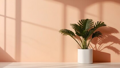 Green tropical tree plant in sunlight, soft shadow on white wall room for luxury organic cosmetic, skincare, body care, beauty product background, interior design decoration 3D5