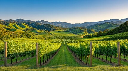 Fototapeta premium Vineyard Landscape with Rolling Hills Under Blue Sky