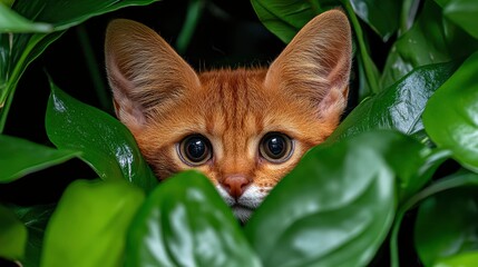 Playful Kitten Hiding in Green Foliage