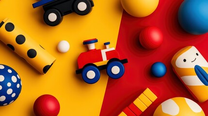 Colorful Toy Train and Balls on Red and Yellow Background