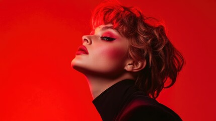 Fototapeta premium Fashion Portrait of Woman with Red Hair and Bold Makeup in a Studio Setting