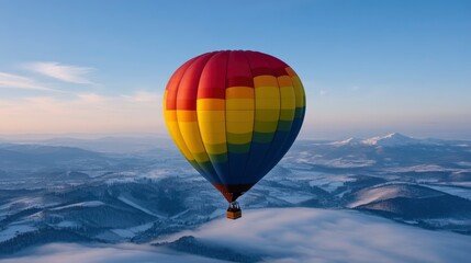 Obraz premium Colorful Hot Air Balloon Soaring Above Snowy Mountain Landscape
