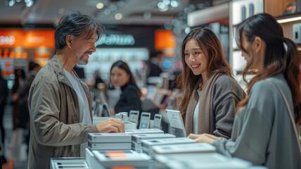 mobile advisor briefing a customer on alarm system features with brochures and a demo model of the alarm in the background.