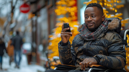 Fototapeta premium Man sitting in wheelchair talking on a cellphone,