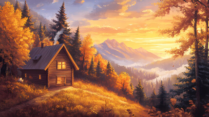 Cozy House on a Hill in Stunning Anime Manga Art Style Background