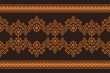 Traditional ethnic motifs ikat geometric fabric pattern cross stitch.Ikat embroidery Ethnic oriental Pixel brown background.Abstract,vector,illustration. Texture,decoration,wallpaper.
