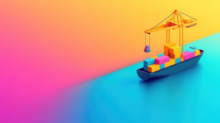 Obraz premium Futuristic AI-Powered Crane Loading Containers onto Ship - 3D Illustration with Copy Space for Text