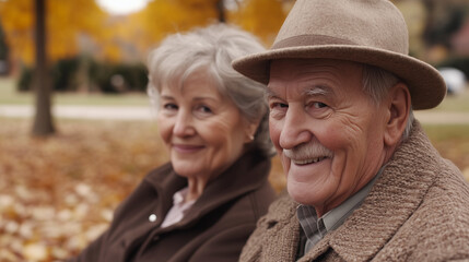 Fototapeta premium An elderly couple sharing a warm, affectionate smile while sitting on a park bench, surrounded by autumn foliage