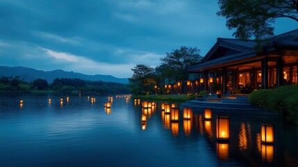 Fototapeta premium Tranquil Japanese Lake Resort at Dusk