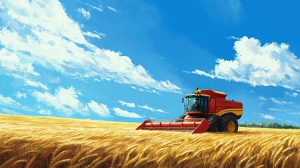 Obraz premium Red Combine Harvester in a Golden Field