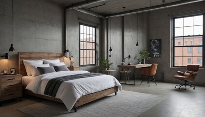Obraz premium bedroom interior design with an industrial concept with hanging lights or bedroom with bed or interior of a bedroom or hotel room with bed 