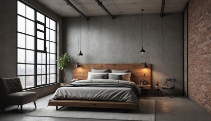 Fototapeta premium bedroom interior design with an industrial concept with hanging lights or bedroom with bed or interior of a bedroom or hotel room with bed 