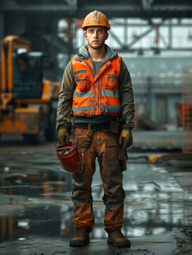 body facing forward, Full length Shot, Front view, solo, youth, man, hard hat, reflective work vest, cargo pants, safety shoes, european and american, Real scene, photo scene,