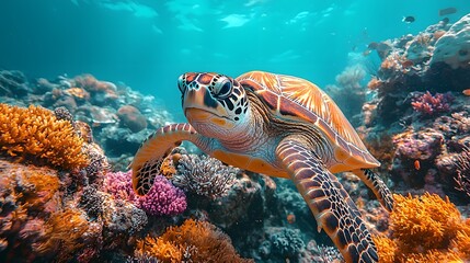 Obraz premium Sea Turtle Swimming in Coral Reef.