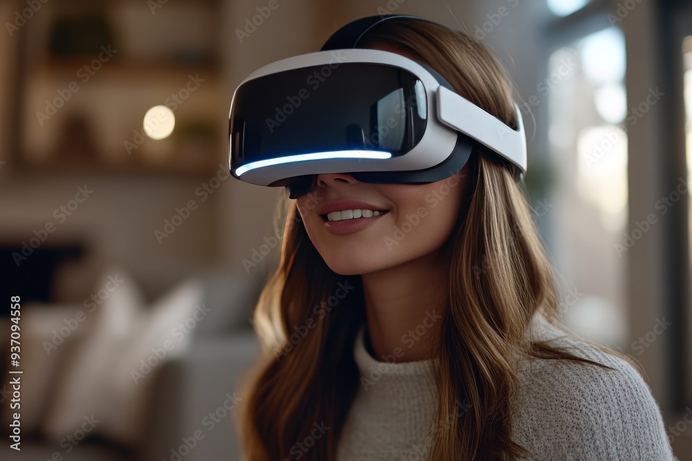 Wall mural Woman smiling while wearing a VR headset in a cozy warm home environment capturing the integration of technology with comfort and daily life